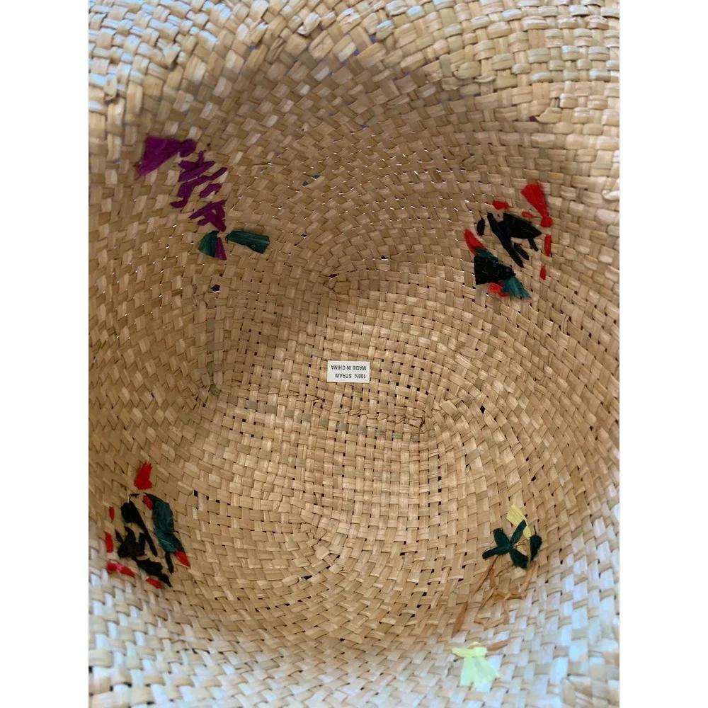Vintage Fruit Embroidered 100% Straw Sun Hat Tan Wide Brim Beach